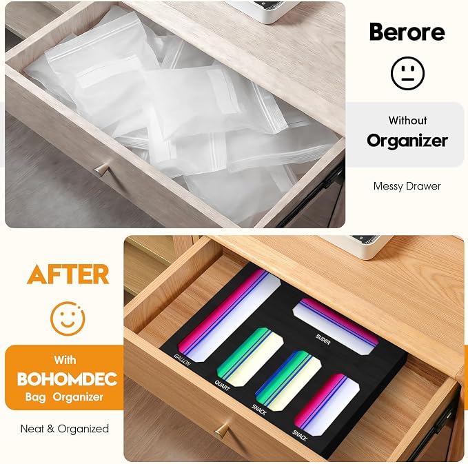 Bamboo Ziplock Bag Storage Organizer for Drawer -Black, 5 in 1 Baggie Organizer with 24 Labels - Fits Gallon, Quart, Sandwich & Snack Bags - Wall Mountable Kitchen Drawer Organizer