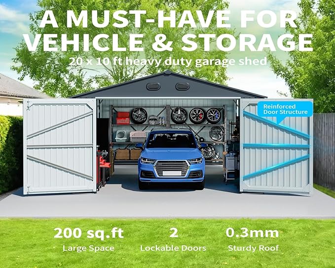 20 x 10 FT Metal Garage Shed, Large Metal Building Storage Shed with with 2 Lockable Doors&4 Air Vents, Galvanized Steel Prefab Shed Waterproof for Car, Truck, Bike, Tool, Dark Gray