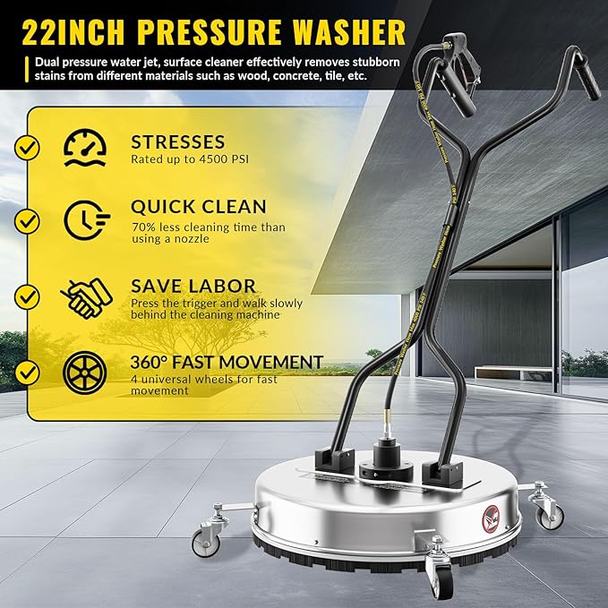 VELPAX 22 Inch Pressure Washer Surface Cleaner with 4 Wheels,Dual Handle,Stainless Steel Housing,4500 PSI Power Washer Accessory for Concrete, Patio, Sidewalk, Deck, Driveways and Daily Washing
