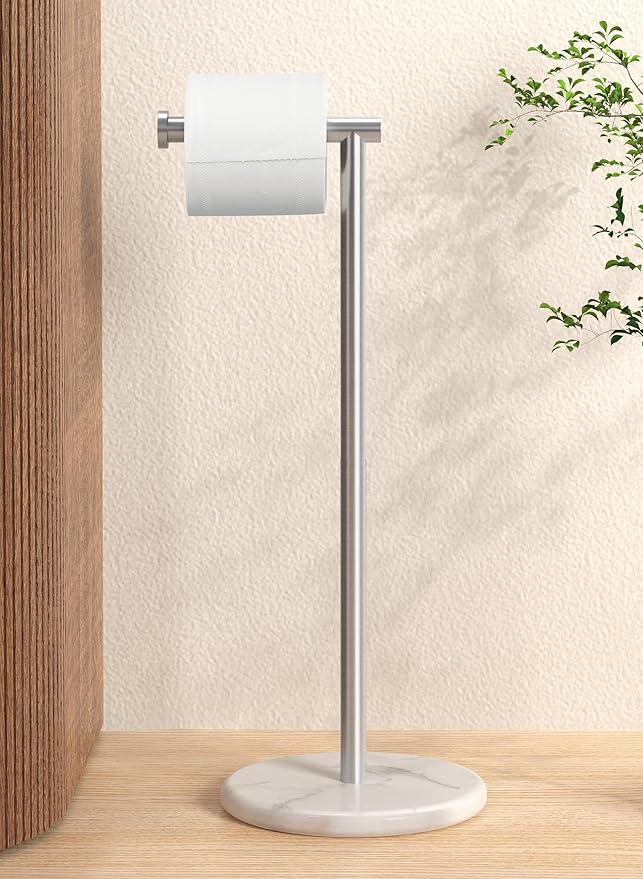 KES Toilet Paper Holder Stand, Freestanding Toilet Paper Roll Holder with Modern Natural Marble Base, White Freestanding Toilet Tissue Holder SUS304 Stainless Steel Brushed Finish BPH284S1-2