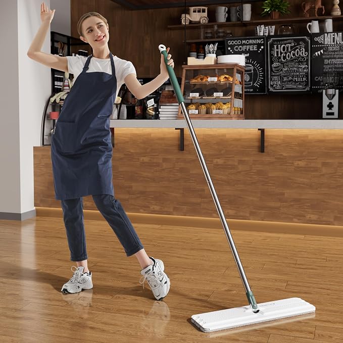 JOYMOOP Commercial Mop and Bucket Set, 17.7-inch Dust Mops for Floor Cleaning, Flat Mop Bucket with Wringer, Include 3 Reusable Microfiber Mop Pads - Forest Green