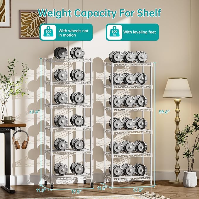 SINGAYE 6 Shelves Storage Shelf Wire Shelving Unit Metal Adjustable Wheels | Small Shelf Storage with Wheels Organizers Closet Unit for Bathroom Laundry Room Kitchen Pantry11.5D x 17.5W x 61.5H White