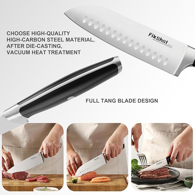 Fikshot Knife Set, German Stainless Steel, Black, 14-Piece kitchen knives | Full Tang Handle, Ultra-Sharp, Knife Block & Sharpener Included, Rust-Resistant, Dishwasher-Safe, Gift for Chefs, BBQ Prep