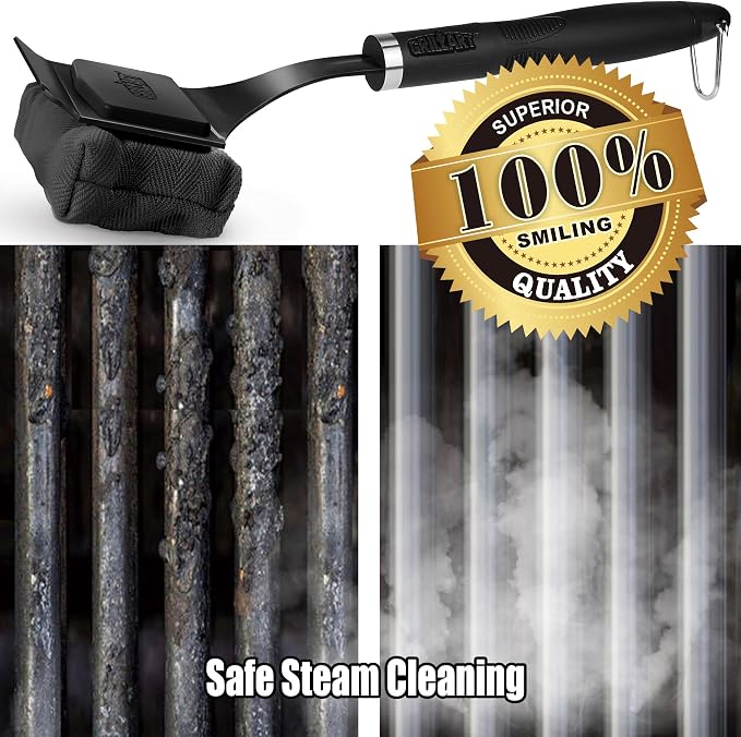 GRILLART Grill Brush Bristle Free - Safe 17" Long Handle with Built-In Solid Scraper - Steam Clean Stubborn Grease Replaceable Head - Reinforced BBQ Accessories for All Grate Types - Gifts for Men Dad