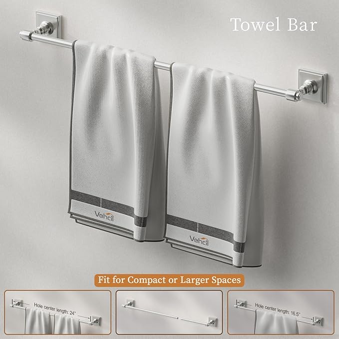 VEHCIL Polished Chrome Bathroom Towel Bar Set, 5 Piece Bathroom Hardware Accessory Set, SUS304 Stainless Steel 24" Towel Rack Holder Set for Bathroom, Wall Mounted