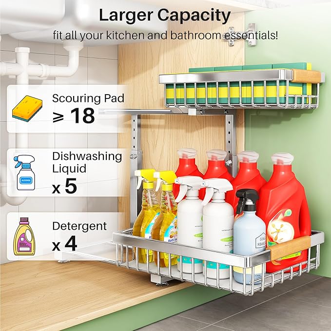 Under Sink Organizer, Stainless Steel 2 Packs 2 Tier Under Sink Organizers and Storage, Slide out Pull out Cabinet Shelf, Sliding Drawer for Kitchen Bathroom Pantry Cabinet Closet Organization Rack