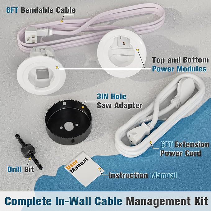 in Wall Cable Management Kit, Power & Low Voltage Wire Organizer with Hole Saw Drill for Easy TV Wall Mounting, TV Cord Hider for Wall & Clean Look