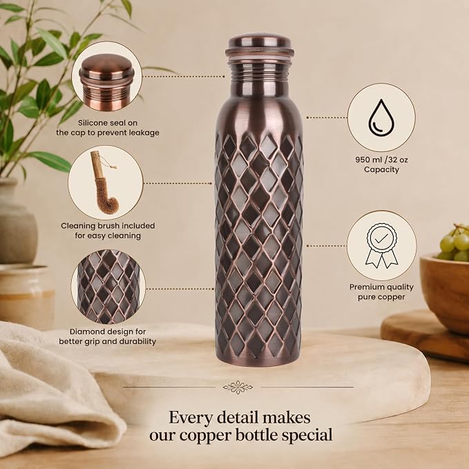 Copper Water Bottle 32 Oz Extra Large, Real Pure Copper Bottle for Drinking Water, Antique Diamond Ayurvedic Drinking Bottle, Leak Proof Cap, Cleaning Brush, Daily Hydration for Home Travel