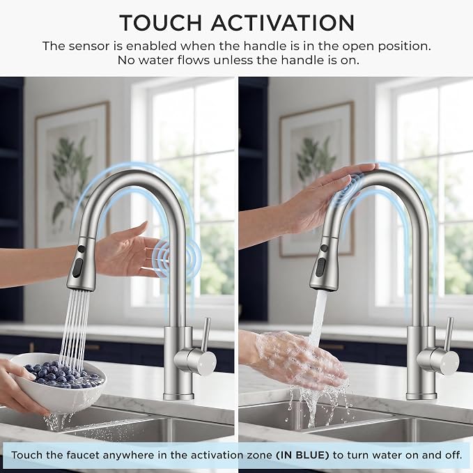 FORIOUS Touch Activated Kitchen Faucets Pull Down Sprayer, Brushed Nickel | High Arc Kitchen Sink Faucet with Deck Plate, Stainless Steel, Single Hole, Single Handle, Fit for RV Bar Farmhouse Laundry
