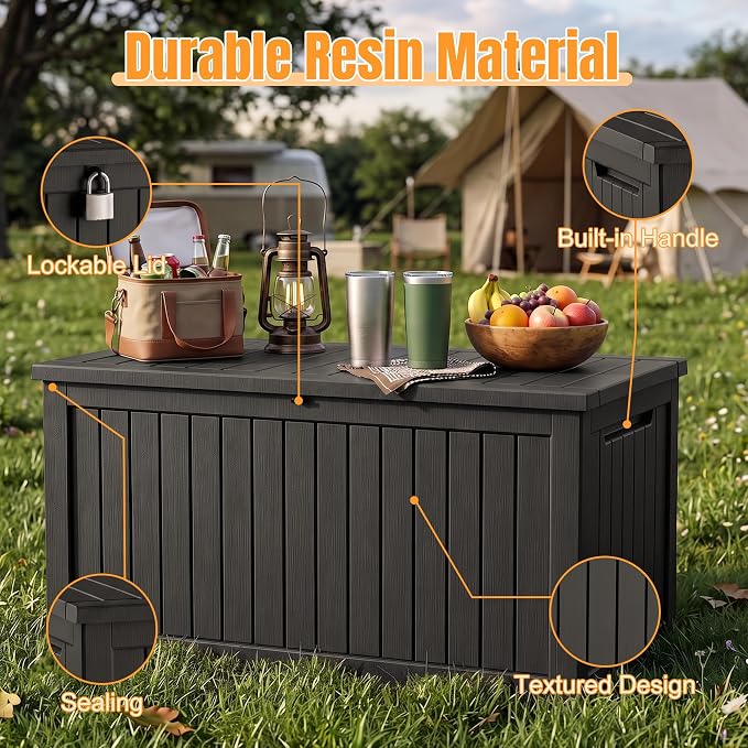Outdoor Storage Box, 280 Gallon Waterproof Resin Deck Box with Support Rod | UV Resistant Lockable Package Delivery Bin, Shoe, Patio & Garden Tools Storage, Toy Cabinet, Ottoman, Indoor/Outdoor