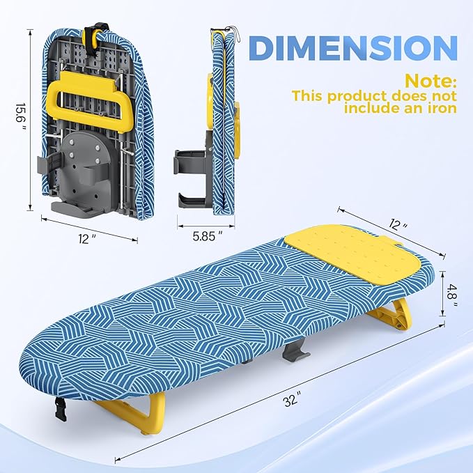 KINGBOARD Tabletop Ironing Board, Small Ironing Board with Iron Holder, Foldable Mini Iron Board, Easy Storage for Travel & Dorm, 12x32 Blue