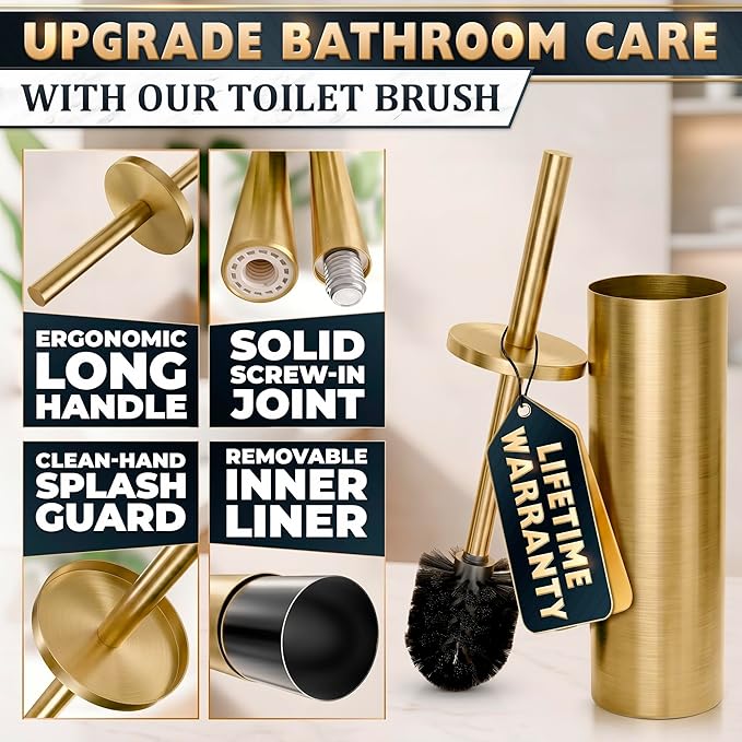 2 PCS Gold Toilet Brush and Holder Set - Brushed Stainless Steel Gold Toilet Bowl Brush and Holder with Replacable Head, Removable Inner Bowl, and Splash Protection - Dense Bristles for Cleaning
