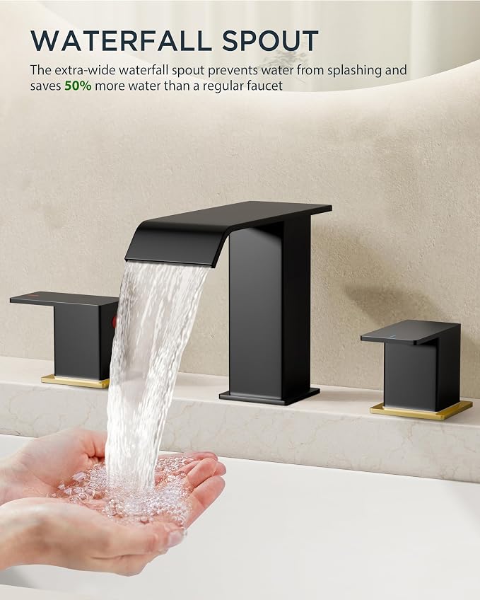 FORIOUS Black and Gold Bathroom Faucet 3 Hole, 2 Handles 8 Inch Widespread Waterfall Bathroom Sink Faucet with Metal Pop-Up Drain and 24" Water Hoses, for Vanity RV Restroom