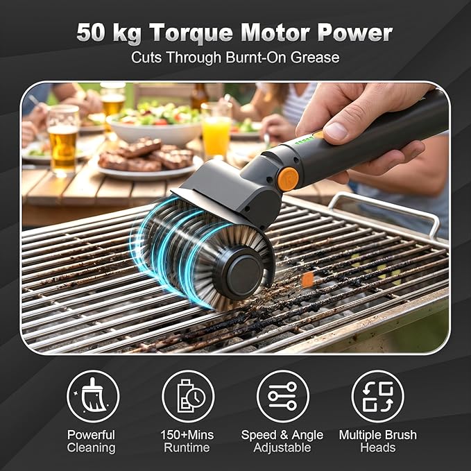 Upgraded Electric Grill Brush - Extreme 50kg Torque Power Grill Brush, 7.4V Motor, Safe for All Grills, SUS304 Anti-Shedding Bristle, with Heat Resistant Mat & Polishing Pad, for Fathers Day