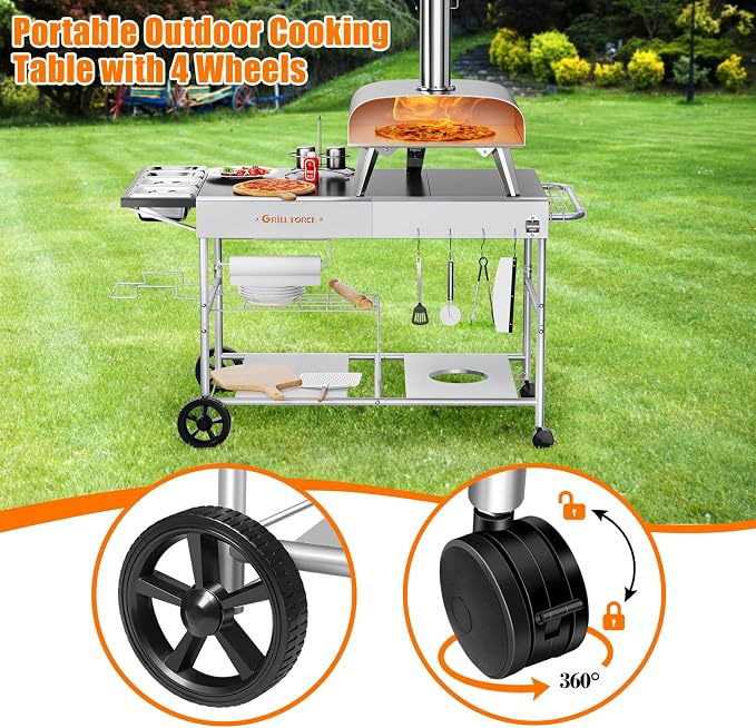 50"x 25" Pizza Oven Table,Outdoor Pizza Cart with Topping Station Grill Table Stand with Wheels for Ninja, Blackstone Griddle, Ooni, Gozney, Cuisinart.