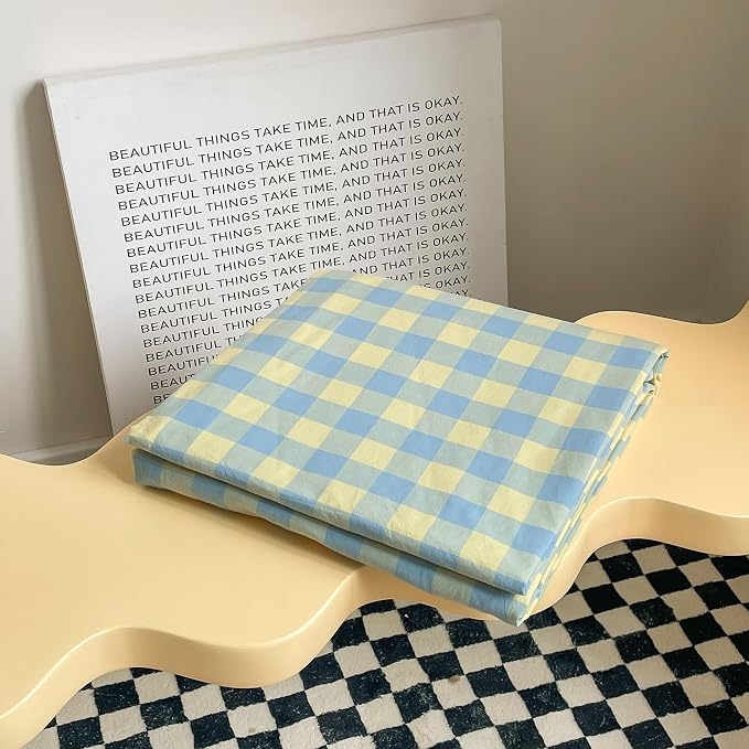 mixinni Plaid Duvet Cover Set King Yellow - Soft Washed Cotton Modern Geometric Bedding Set with 2 Pillowcases, Blue Green Gingham Grid King Duvet Cover for Men & Women, Soft & Lightweight