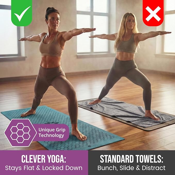 Clever Yoga Hot Yoga Mat Towel – Non-Slip Grip for Hot Yoga, Sweat Absorbent, Honeycomb Silicone Grip, Stays Flat – Ideal for Pilates, Travel, Washable & Lightweight - Turquoise