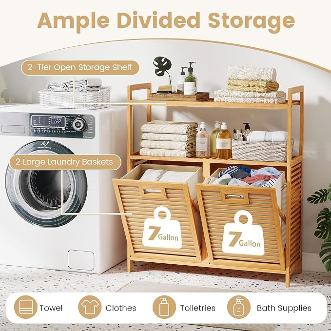 Giantex Double Tilt Out Laundry Hamper w/2-Tier Storage Shelf | 14 Gal Bamboo Laundry Storage Cabinet w/Removable Laundry Baskets, Laundry Sorter Organizer for Bathroom Living Room Bedroom