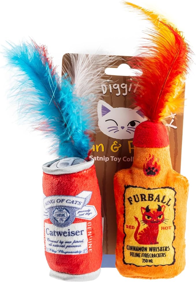 Haute Diggity Kitty Catweiser + Furball Catnip Toys, Soft Plush Cat Toys Catnip Filled with Interactive Crackle Sound & Feathers, Safe & Durable Toy for Cats & Kitten, 2 Pcs