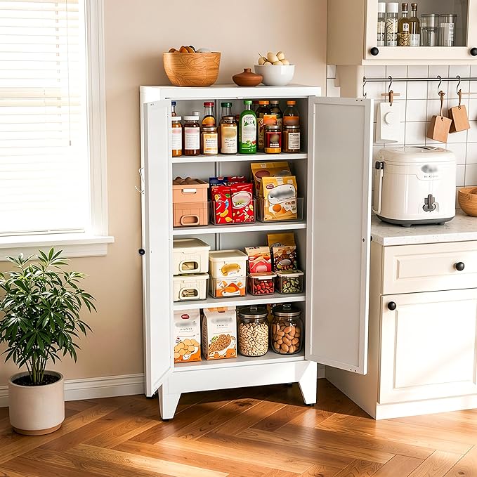 AQY Metal Pantry Cabinet, White Kitchen Storage Cabinet with Doors | Adjustable Shelves Freestanding Storage Metal Cabinet Kitchen, Dining & Bathroom Organization
