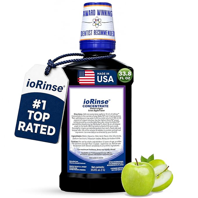 ioRinse Concentrated Irrigant with Active Molecular Iodine, Alcohol-Free Dental Irrigant, for use with Waterpik Water Flossers, and All Other Oral Irrigation Devices