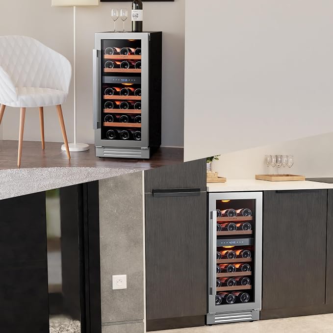 Ca'Lefort 15 Inch Wine Fridge, 28 Bottle Wine Cooler Refrigerator, 40-65°F Wine Refrigerator Glass Door, 3 LED Dual Zone Wine Fridge, Built-in or Freestanding Fridge for Home/Bar/Kitchen (3.0 cu.ft)