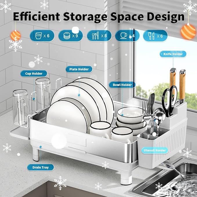 Dish Drying Rack, 304 Stainless Steel Dish Racks for Kitchen Counter | Dish Drainers with Automatic Drainage, Utensil Holder & Cups Holder, Space Saving Kitchen Organizer, White