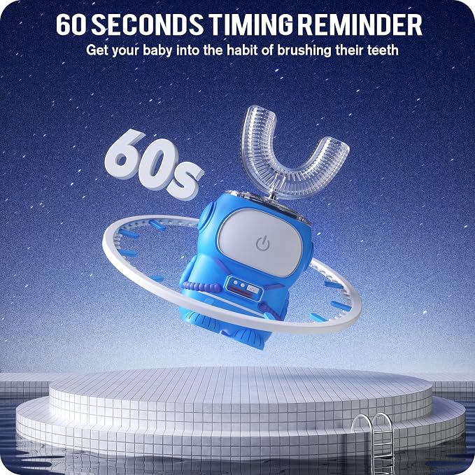RexCodar Ultrasonic Kid's U-Shaped Electric Toothbrush, IPX7 Waterproof, Five Cleaning Modes,Cartoon Astronaut, 60S Smart Reminder (6-12 Age (Blue))