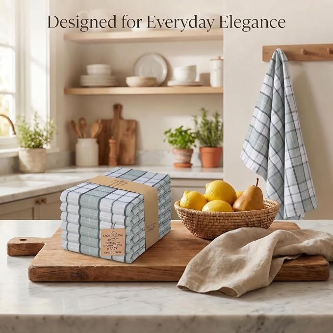 Urban Villa Kitchen Towels Set of 6 Majestic Checks Kitchen Towels 20X30 Inches 100% Cotton Highly Absorbent Kitchen Towels Premium Quality Ultra Soft Mitered Corners KitchenTowels
