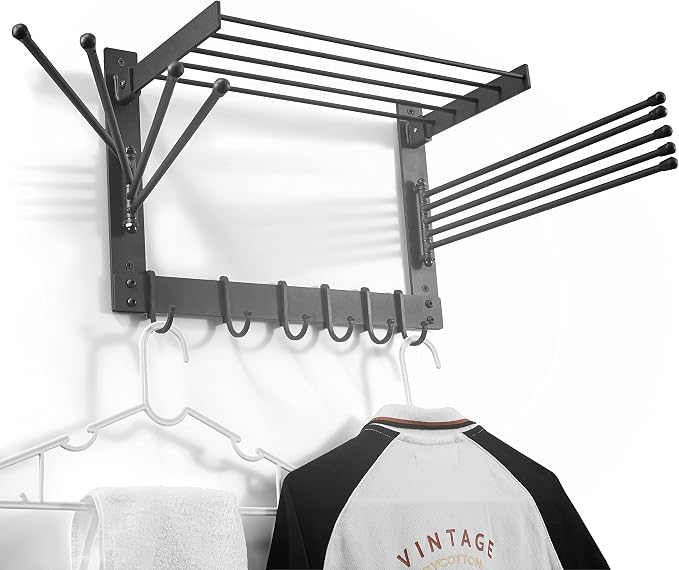 BATODA Wall-Mounted Steel Clothes Drying Rack, Solid Steel, Multi-function | High Quality Alloy Steel with 7-layer Coating, 6 Moveable Hooks + Swing Arms, Multifunctional Drying Rack, Easy to Install