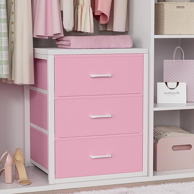 BOLUO Closet Drawers Pink 3 Drawer Dresser for Closet Organizers and Storage Bedroom Dorm Modern