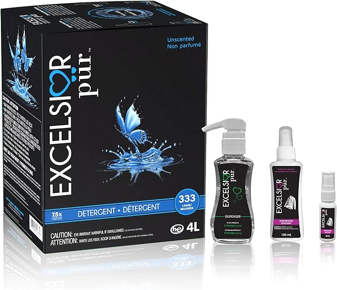 Excelsior Pür HE Laundry Detergent Liquid 7.5x Fragrance Free Concentrated 333 Loads 4 Liter W/Natural Stain Remover, High Efficiency Washing Detergent Laundry Soap Works In All Washers Unscented