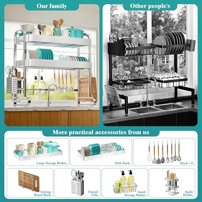 HOWDIA 3-Tier Over The Sink Dish Drying Rack, 304 Stainless Steel | Honeycomb Design, Cutlery Holder & Chopping Board Rack, 33.86” x 11.81” x 33.07” for Maximum Kitchen Storage