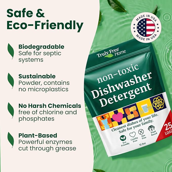 Truly Free Dishwasher Detergent Powder | Natural Dish Detergent, Dishwasher Soap | Plastic Free, Plant-Based, Clean, Heavy Duty Hard Water Stain & Grease Remover | Fragrance Free | 12.5 oz (Pack of 2)