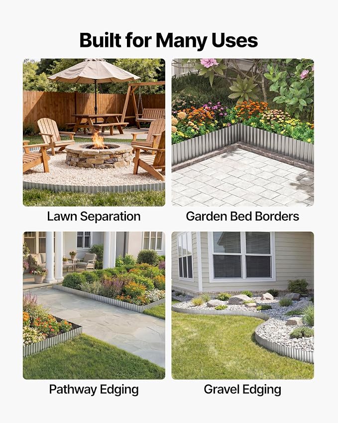 VEVOR Galvanized Steel Landscape Edging, 50 ft x 6 in Metal Edging for Landscaping with Gloves, Easy-to-Install Bendable Metal Strips, Heavy Duty Metal Garden Edge Border for Flower Bed, Yard Pathway