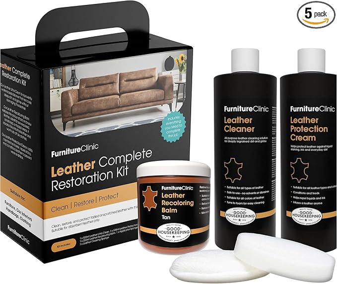 Furniture Clinic Leather Complete Restoration Kit | with Leather Recoloring Balm, Cleaner, 2-in-1 Protection Cream & Conditioner, Sponge, and Cloth | Repair Kit for Furniture (Tan)
