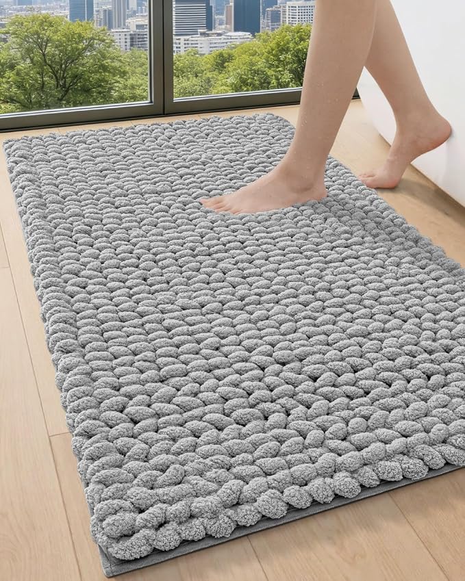 DEXI Bathroom Rugs 43x24, Non Slip Washable Bath Mat, Luxury Chenille Super Absorbent Ultra Thick Bathmats for Shower Floor, Plush Fluffy Shaggy Carpet for Tub, Light Grey