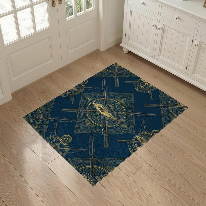 3'x5' Washable Area Rug Bass Nautical Wildlife Icons Lure Tackle Motif Border Fish Fishing Refined Non-Slip Chair-Friendly for Home Office, Hallway, Laundry Room