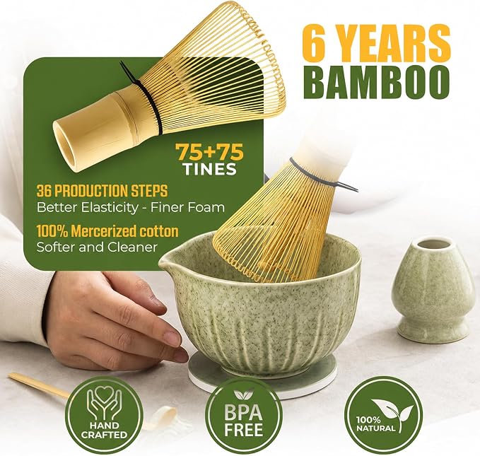 Matcha Whisk Set, Traditional 10 Pcs Set - 450ml Matcha Bowl and Whisk, Whisk Holder, Bamboo Scoop & Spoon, Matcha Sifter, Scoop Holder, Silicone Coaster, Tea Brush & Cloth – Matcha Kit for Tea Lovers