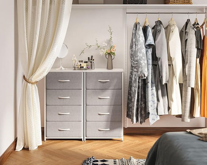 AODK Small Dresser for Bedroom with 4 Storage Drawers, Light Grey | Dressers Chest of Drawers Fabric Dresser with Sturdy Steel Frame, Dressers for Closet with Wood Top