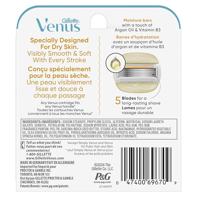 Venus MoistureGlide Women's Razor Blades,With Built-in Shave Gel Bars,6 Razor Blade Refills,(Pack of 2)