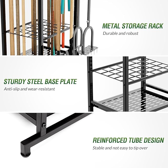 Sttoraboks Garden Tool Organizer Rack Up to 50 Tools, Heavy-Duty Steel Yard Tool Organizer for Garage Storage with 11 Hooks, Broom Holder & Garden Tool Rack for Shed, Patio, Outdoor Use, Black