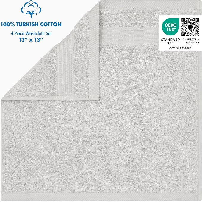 Cotton Paradise 100% Cotton Turkish Towel Set, Soft Absorbent Quick Dry, 4 Piece Washcloth Set, Silver Grey