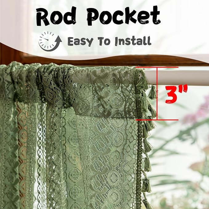 Sutuo Home Olive Green Boho Window Curtains Valance 18 inches Long 2 Panels, Farmhouse Lace Sheer Closet Decor Crochet Privacy Vintage Bohemian Tassels Retro Small Kitchen Curtains Rod Pocket, 50" W