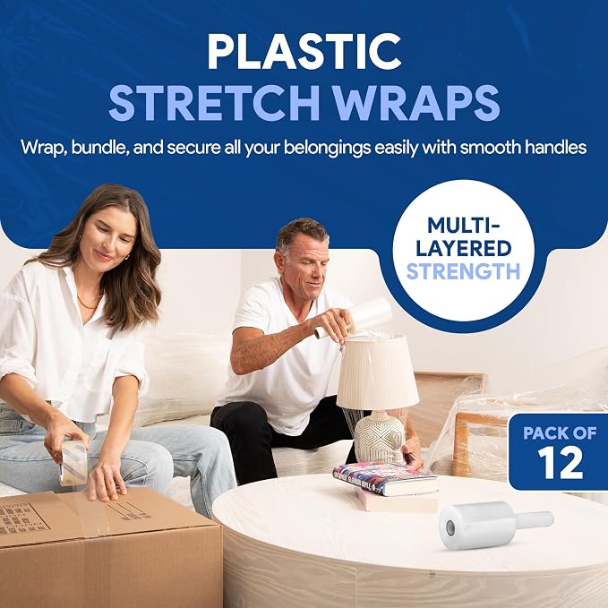 International Plastics Co. 12 Pack of 5" Plastic Stretch Film Wrap with Handles 1000 feet Each 500% Stretch Ability