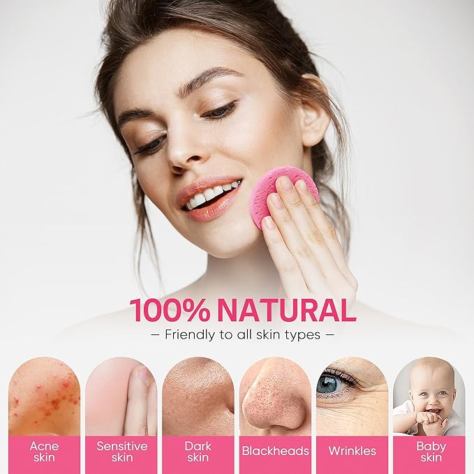 GAINWELL 50-Count Compressed Facial Sponge for Daily Facial Cleansing and Exfoliating, 100％ Natural Cosmetic Spa Sponges for Makeup Remover, Reusable, Pink