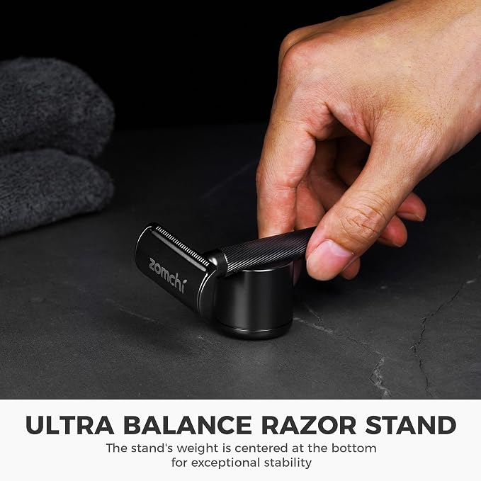 Double Edge Safety Razor with Stand, Version 2.0 Includes 10 Blades | Modern matte black finish with a sleek appearance that helps reduce visible fingerprints.