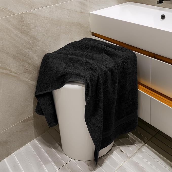 Large Bath Towels Set of 6 – 100% Cotton Terry – 24" x 50" – Quick Dry, Soft & Highly Absorbent – Black Towels for Bathroom, Gym, Spa, Pool & Daily Use