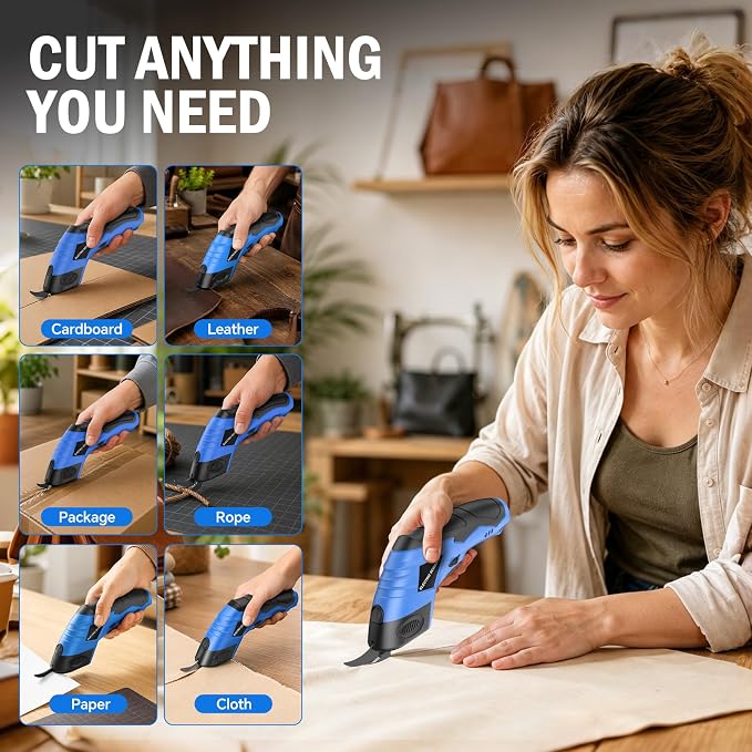 2026 Upgrade Cordless Electric Scissors Cardboard Cutter with 2 Type Blades Rechargeable Powerful Shears Cutting Tool for Fabric Electric Chop Saw Leather Felt with Charger Blue