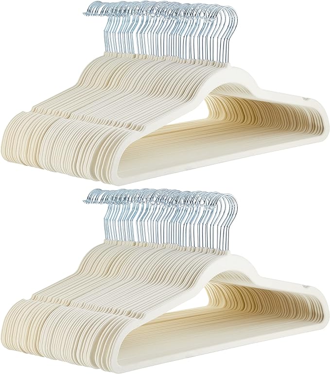 Amazon Basics Slim Velvet Non-Slip Space Saving Suit Clothes Hangers for Closet Organization, Ivory/Beige, 100-Pack